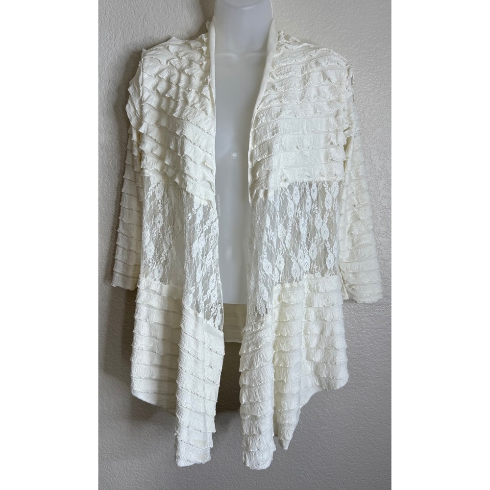 Mod'Land Paris Womens Small Cardigan Cream Lace Ruffle‎ Open Front Beach Boho